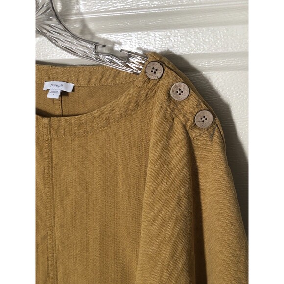 Pure Jill Tencel Lyocell Shift Dress Mustard Yellow Button Shoulder Women’s Smal - Picture 6 of 9